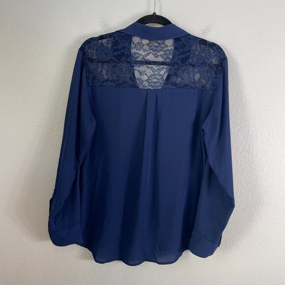 Express Womens Large Lace Panel Button Up Blue Blouse Roll Tab Sleeve Shirt - Picture 7 of 8